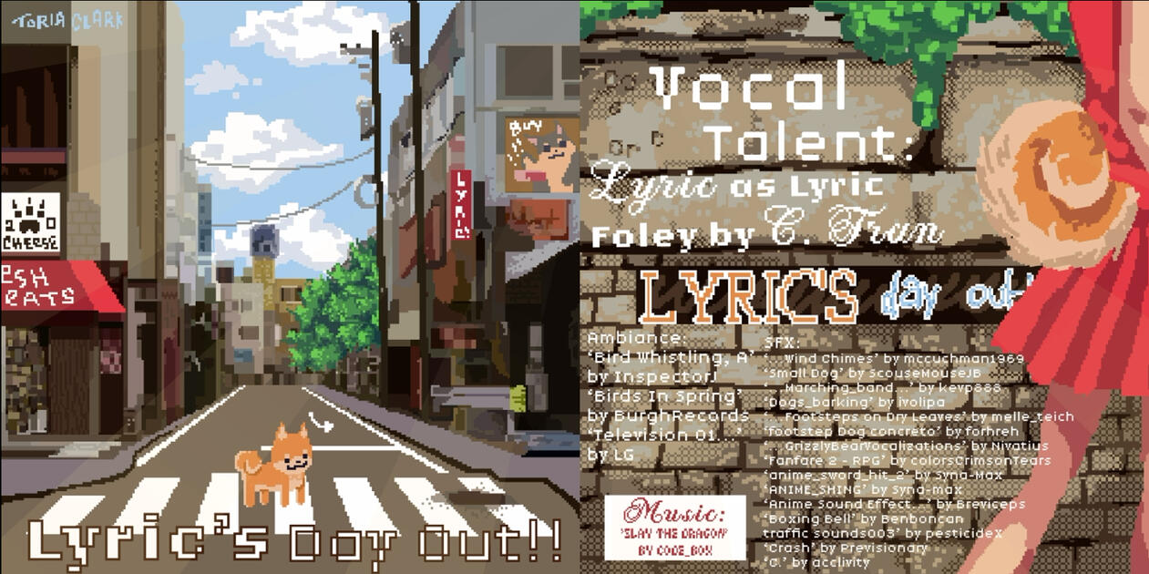 A pixel cover of a fictional audio story about a dog going out. The front features a dog crossing a crosswalk, the back features a girl with a curled dog tail walking away, in the style of the Beatles' 'Abbey Road' album cover.